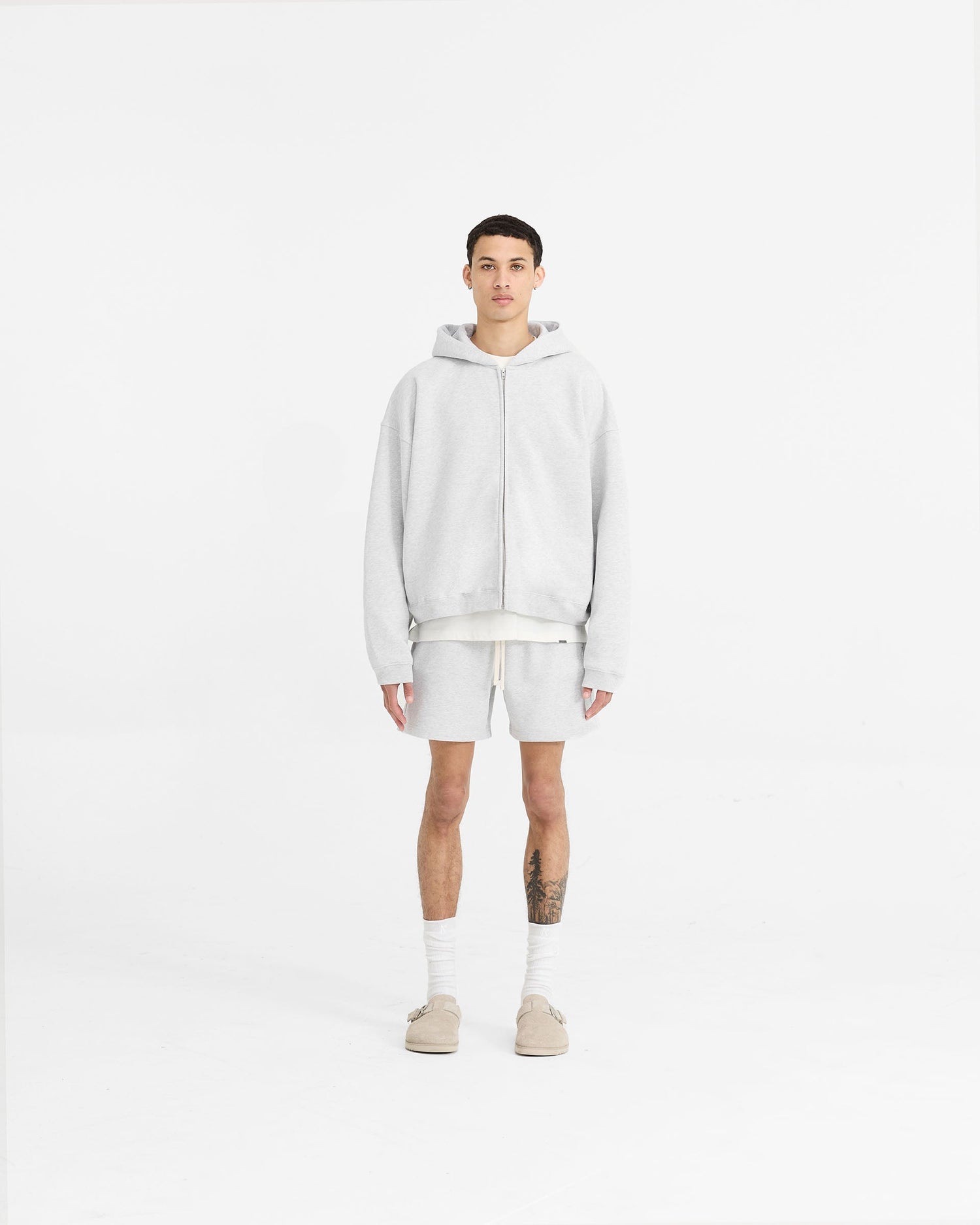 Initial Boxy Zip Through Hoodie - Ice Grey Marl Initial
