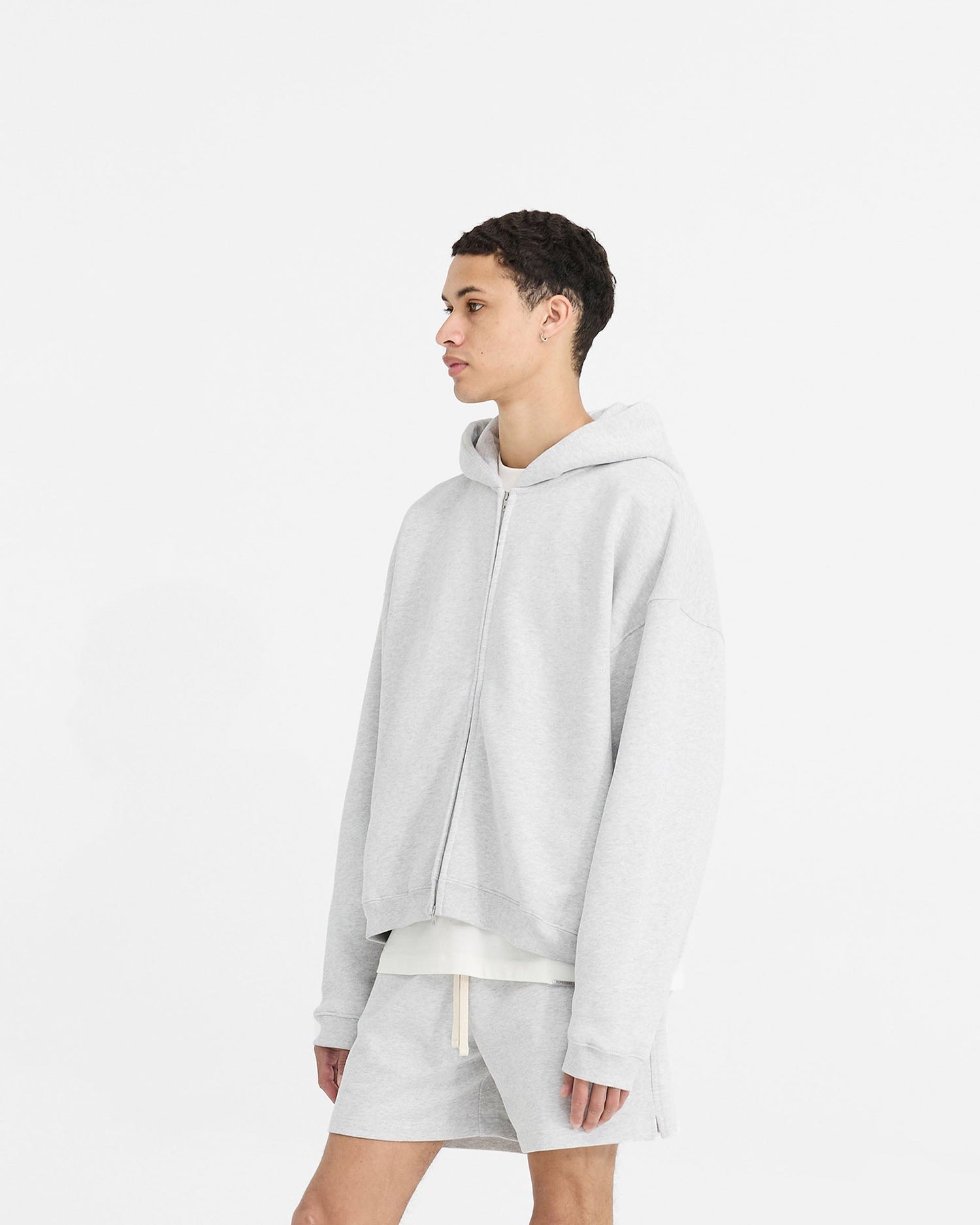 Initial Boxy Zip Through Hoodie - Ice Grey Marl Initial